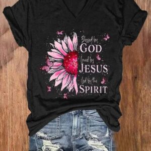 V Neck Retro Blessed By God Loved By Jesus Sunflower Butterfly Printed T Shirt1
