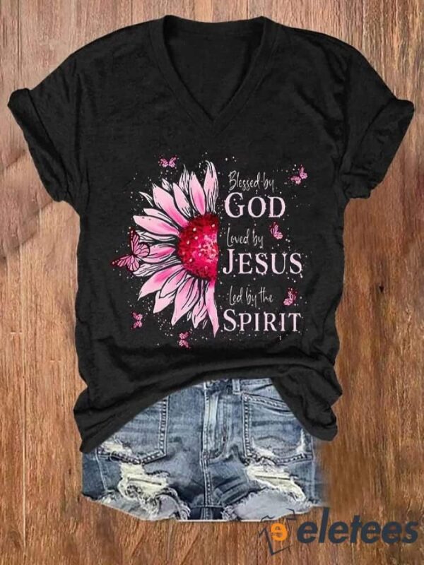 V-Neck Retro Blessed By God Loved By Jesus Sunflower Butterfly Printed T-Shirt