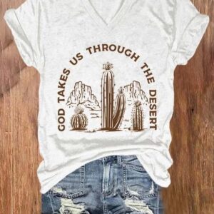 V-Neck Retro God Takes Us Through The Desert Printed T-Shirt