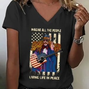 V Neck Retro Imagine All The People Living Life In Peace Flag Flower Printed T Shirt