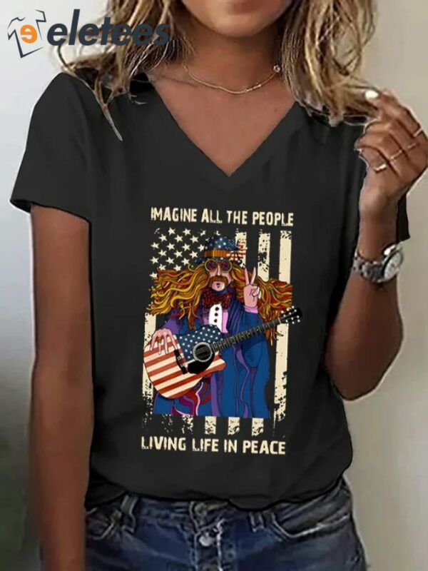 V-Neck Retro Imagine All The People Living Life In Peace Flag Flower Printed T-Shirt