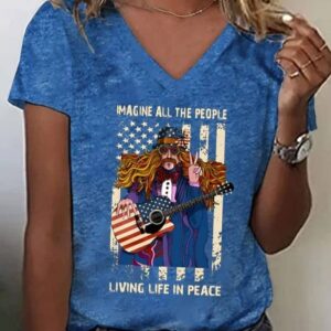V Neck Retro Imagine All The People Living Life In Peace Flag Flower Printed T Shirt1