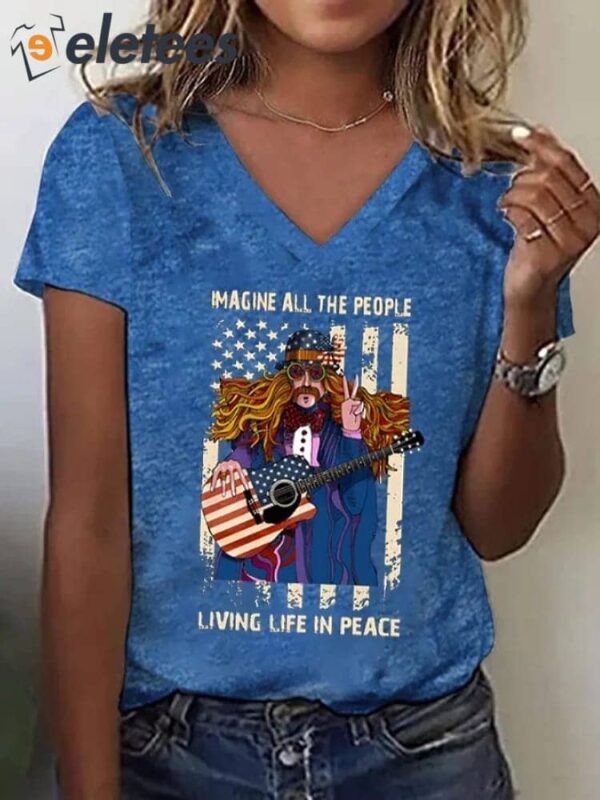 V-Neck Retro Imagine All The People Living Life In Peace Flag Flower Printed T-Shirt