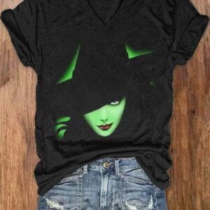 Women Halloween Witch Printed V-Neck T-Shirt