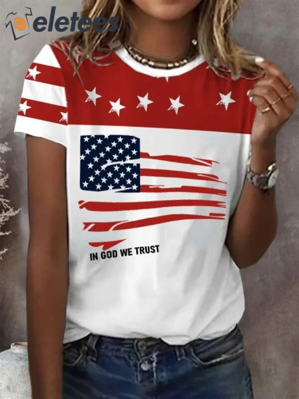 Women’S Independence Day In God We Trust Print Short Sleeve T-shirt