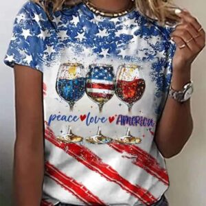 Women’s 4th of July Wine Peace Love America Printed T-Shirt