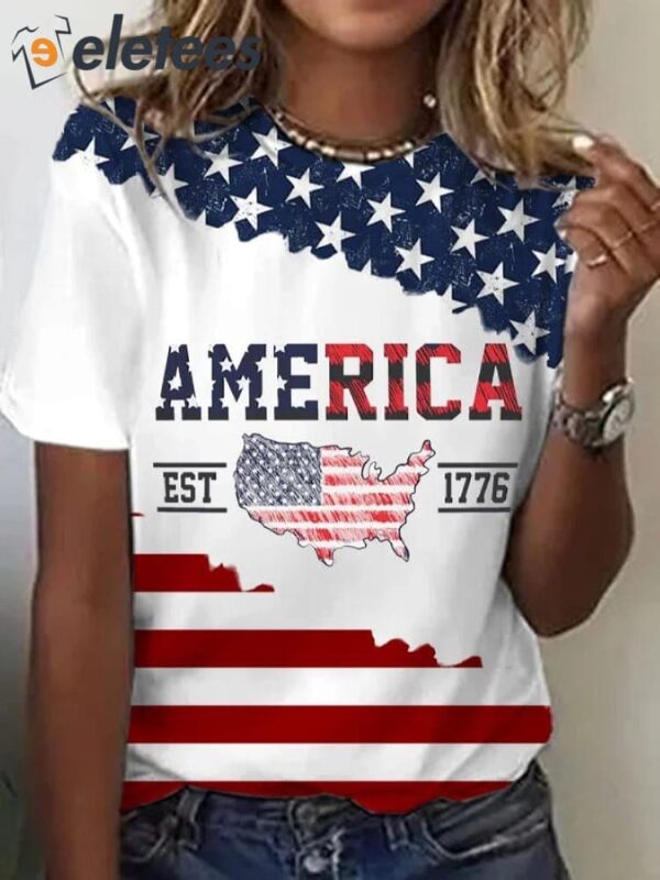 Women’s America 1776 USA Flag Print Round Neck T-shirt