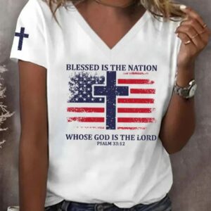Women’s Blessed Nation Psalm 33 22 4th of July Print V-Neck T-Shirt