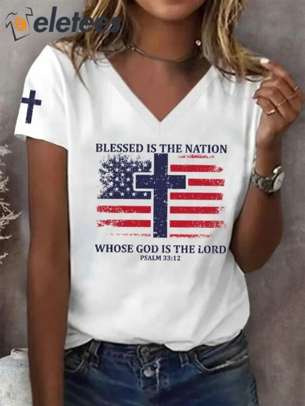 Women’s Blessed Nation Psalm 33 22 4th of July Print V-Neck T-Shirt