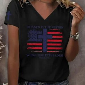 Womens Blessed Nation Psalm 33 22 4th of July Print V Neck T Shirt1