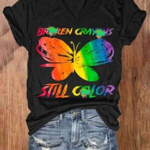 Women’s Broken Crayons Still Color Mental Health Print V-Neck Short Sleeve T-Shirt