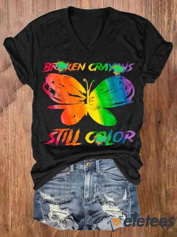 Women’s Broken Crayons Still Color Mental Health Print V-Neck Short Sleeve T-Shirt