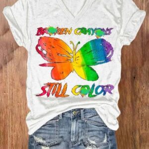 Womens Broken Crayons Still Color Mental Health Print V Neck Short Sleeve T Shirt1
