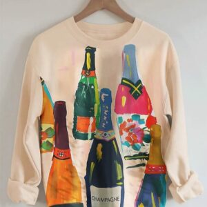 Women’s Champagne Drinking Print Round Neck Sweatshirt