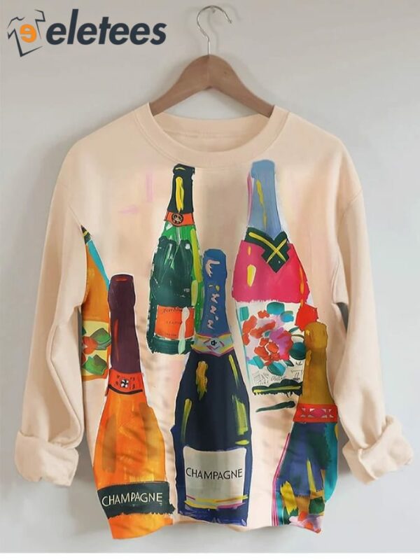 Women’s Champagne Drinking Print Round Neck Sweatshirt