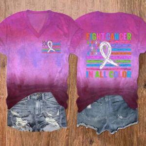 Womens Fight Cancer in All Colors Print V Neck T Shirt2