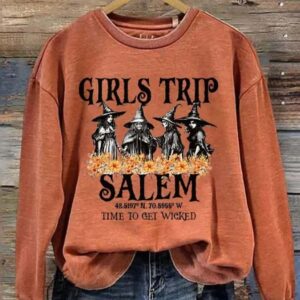 Womens Girls Trip Salem Time To Get Wicked Halloween Print Crew Neck Sweatshirt