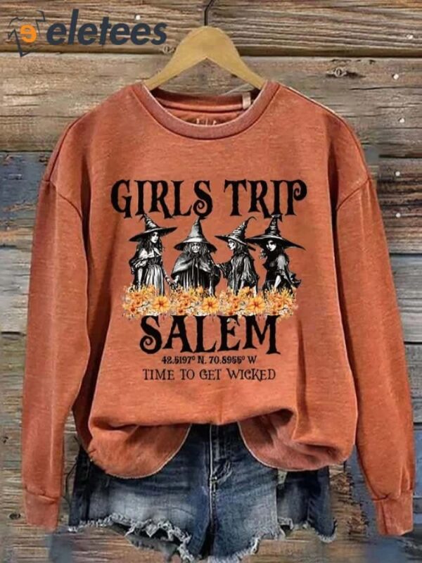 Women’s Girl’s Trip Salem Time To Get Wicked Halloween Print Crew Neck Sweatshirt