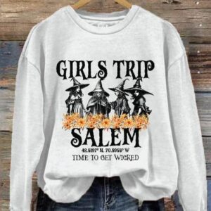 Womens Girls Trip Salem Time To Get Wicked Halloween Print Crew Neck Sweatshirt1