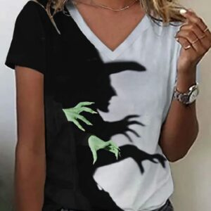 Women’s Halloween Witch Shadow Print Casual V-Neck Tee