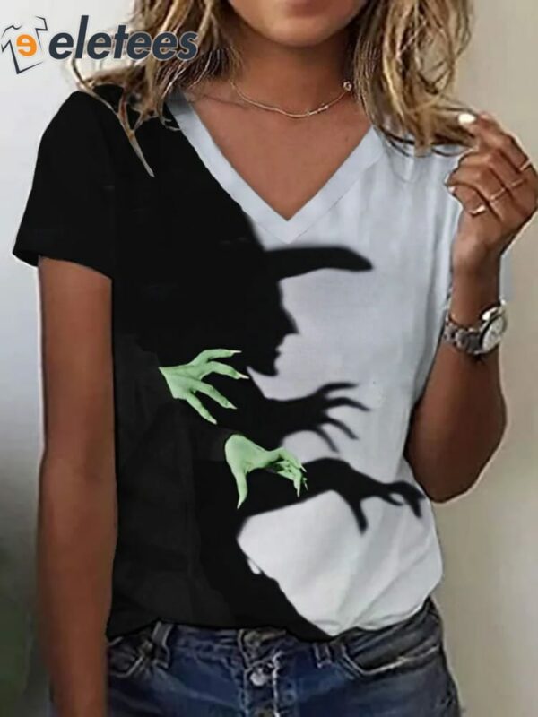 Women’s Halloween Witch Shadow Print Casual V-Neck Tee