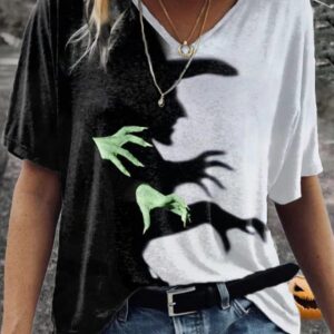 Womens Halloween Witch Shadow Print Casual V Neck Tee 2