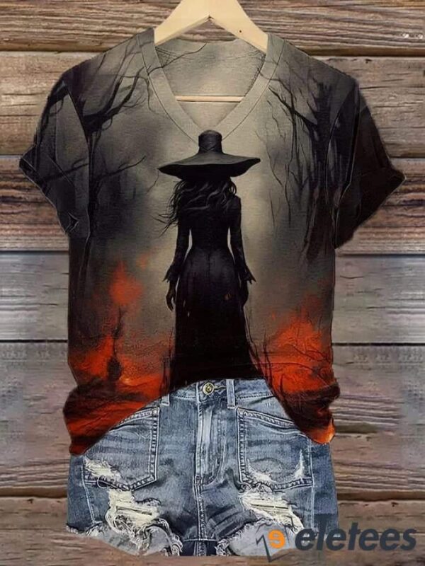 Women’s Halloween Witches Forest Fire Print T-Shirt
