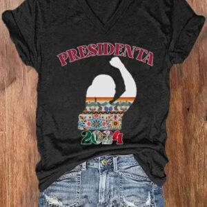 Womens Mexico Presidenta 2024 Print V Neck T Shirt