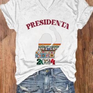 Womens Mexico Presidenta 2024 Print V Neck T Shirt2