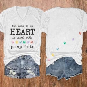 Womens Road To My Heart Pawprints V Neck T Shirt