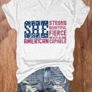 Womens She Is American 4th of July Print V Neck T Shirt