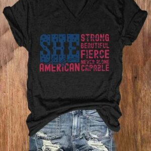 Womens She Is American 4th of July Print V Neck T Shirt1