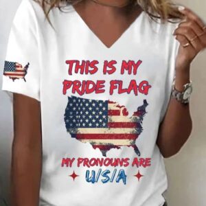 Womens This Is My Pride Flag My Pronouns Are USA Print V Neck T shirt
