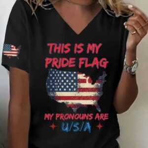 Womens This Is My Pride Flag My Pronouns Are USA Print V Neck T shirt1