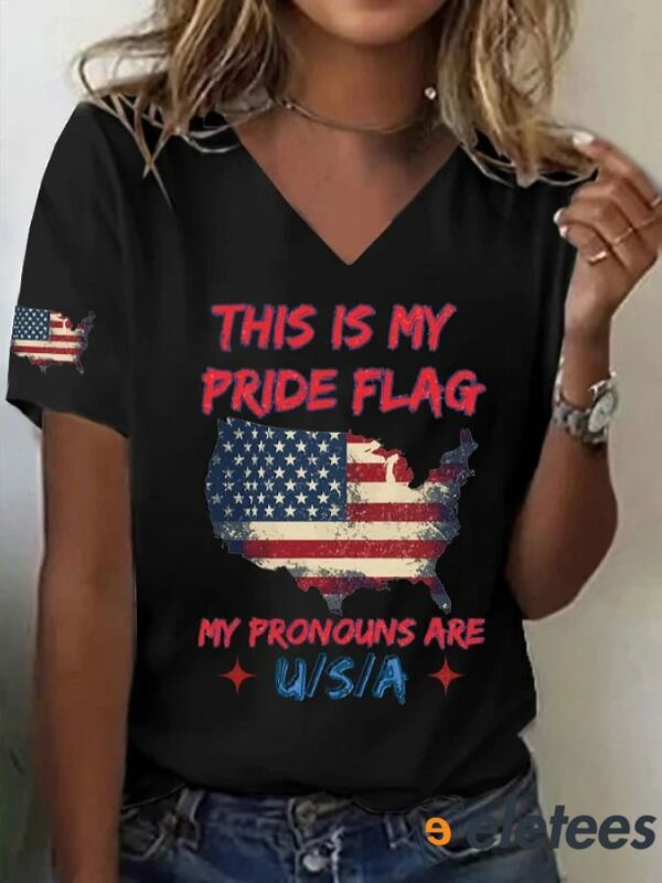 Women’s This Is My Pride Flag My Pronouns Are USA Print V Neck T-shirt