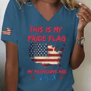 Womens This Is My Pride Flag My Pronouns Are USA Print V Neck T shirt2