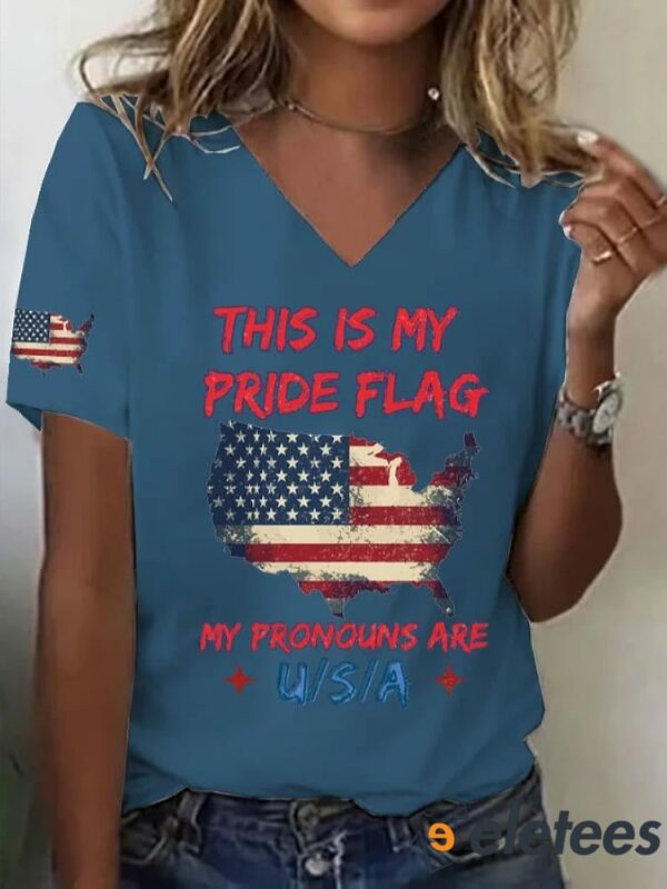 Women’s This Is My Pride Flag My Pronouns Are USA Print V Neck T-shirt