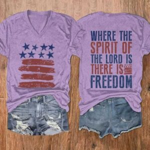 Womens Where The Spirit Of The Loro Is There Is Freedom Print V Neck T Shirt1