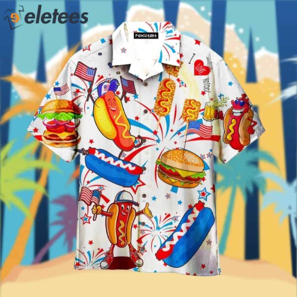 Funny American Hot Dog 4th Of July Outfit Independence Day Patriotic White Hawaiian Shirt