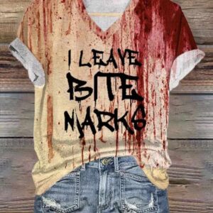 WomenS Halloween Blood I Leave Bite Marks Funny Print Shirt