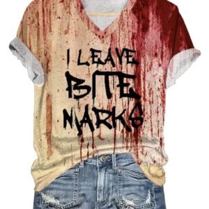 WomenS Halloween Blood I Leave Bite Marks Funny Print Shirt1