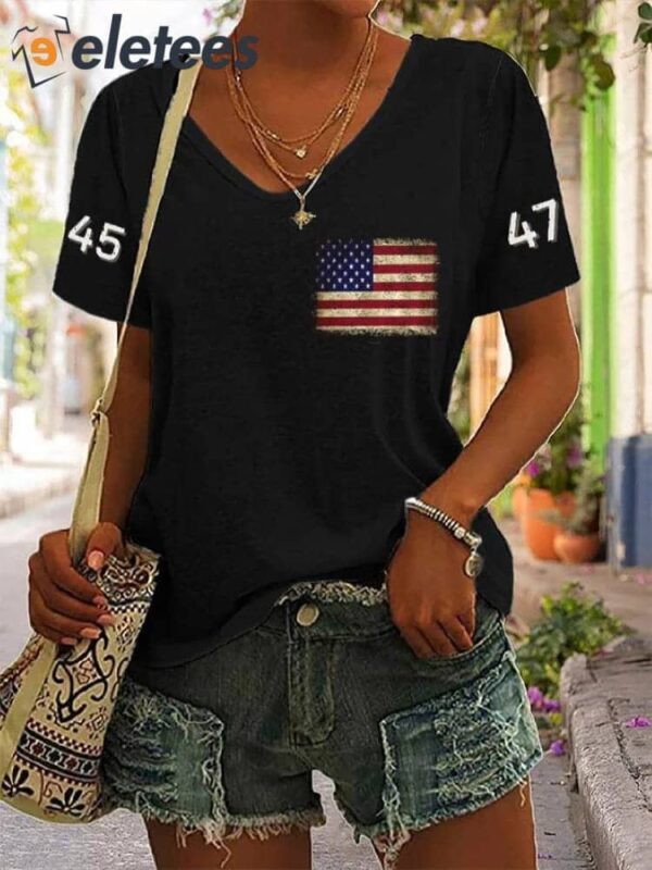 Women’s 45-47 American Flag Print V-Neck T-Shirt