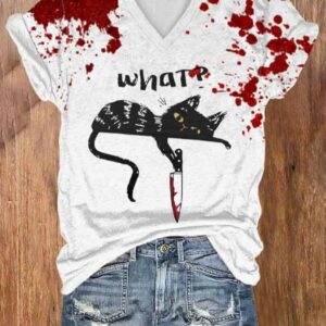 Women’s Black Cat What Bloody Halloween Print V Neck T-shirt