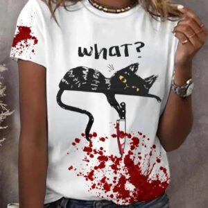 Womens Black Cat What Bloody Halloween Print V Neck T shirt1