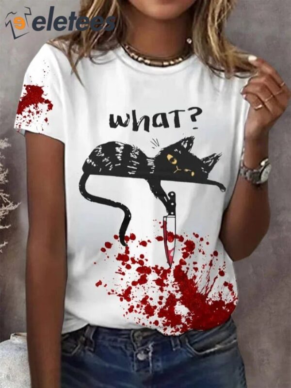 Women’s Black Cat What Bloody Halloween Print V Neck T-shirt