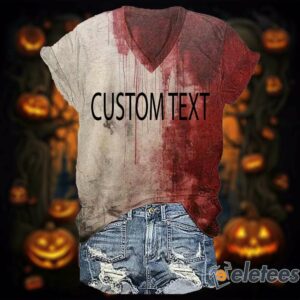 Women's Bloody Custom Text Halloween Print V Neck T Shirt