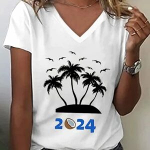 Womens Funny 2024 Coconut Tree Printed V Neck Tee