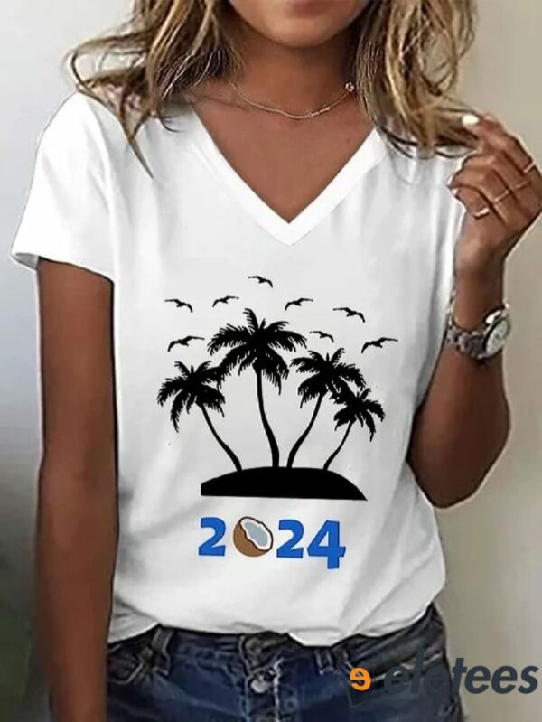 Women’s Funny 2024 Coconut Tree Printed V-Neck Tee