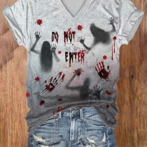 Women’s Halloween Bloody Do Not Enter Print Casual T-Shirt