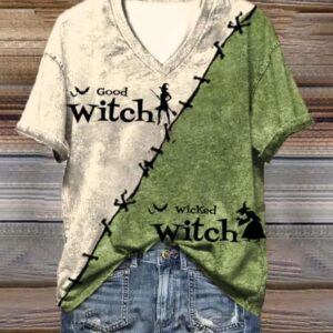 Womens Halloween Good WitchWicked Witch Print V Neck T Shirt